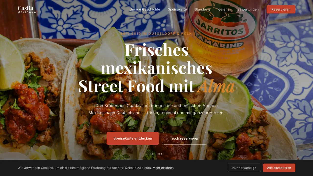 Casita Mexicana Demo-Website — Hero-Bereich mit mexikanischem Streetfood-Restaurant im warmen Terracotta-Design
