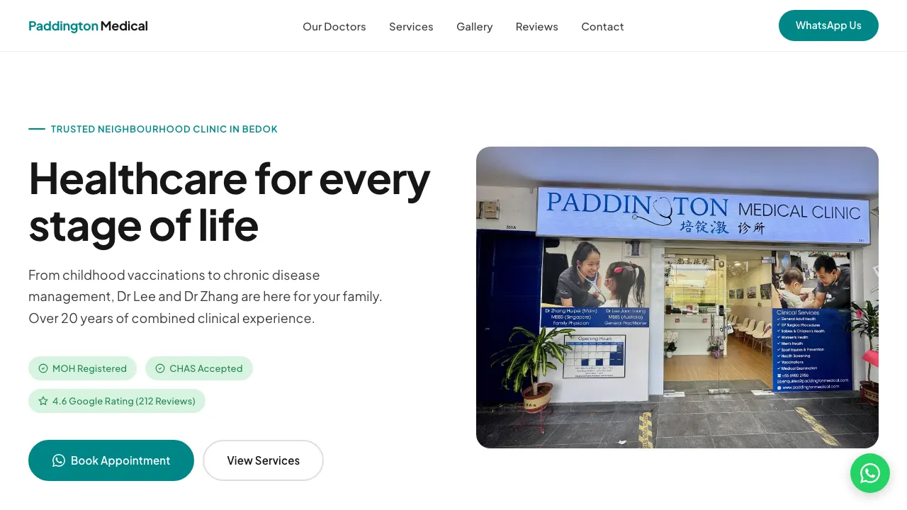 Paddington Medical Clinic website — GP clinic in Bedok with doctor profiles and services