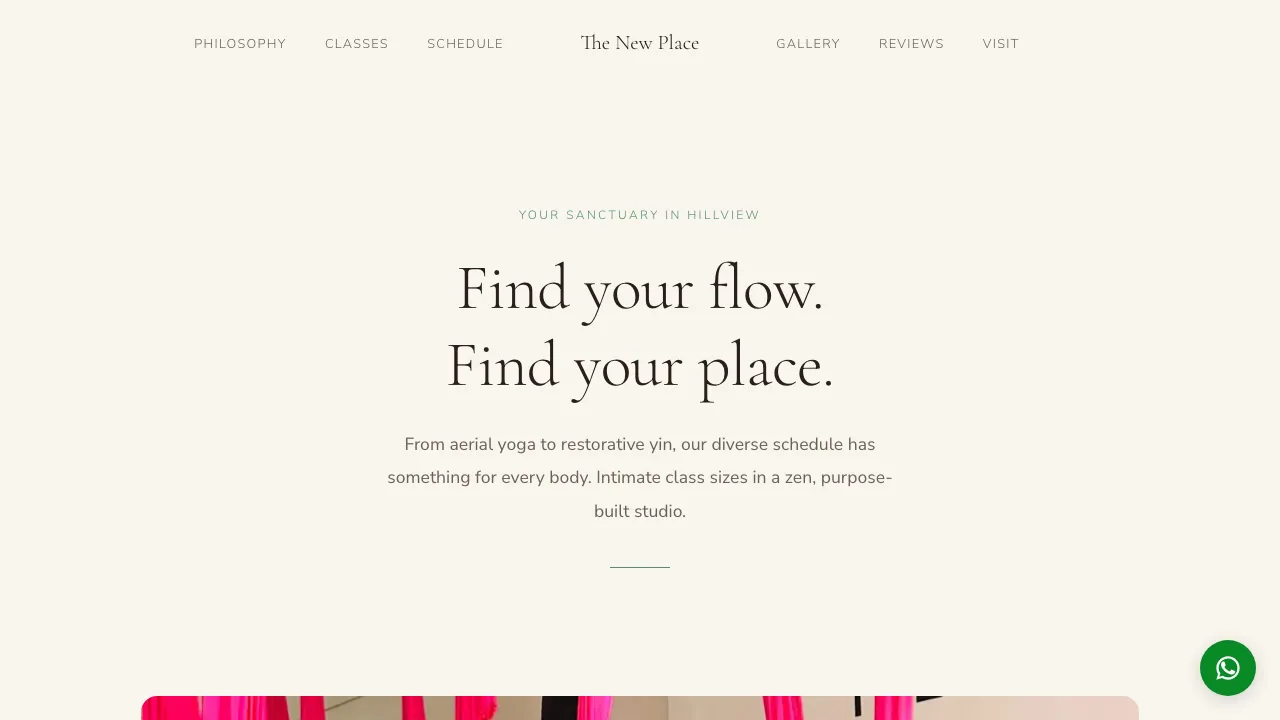 The New Place Yoga Studio website — aerial yoga studio in Hillview