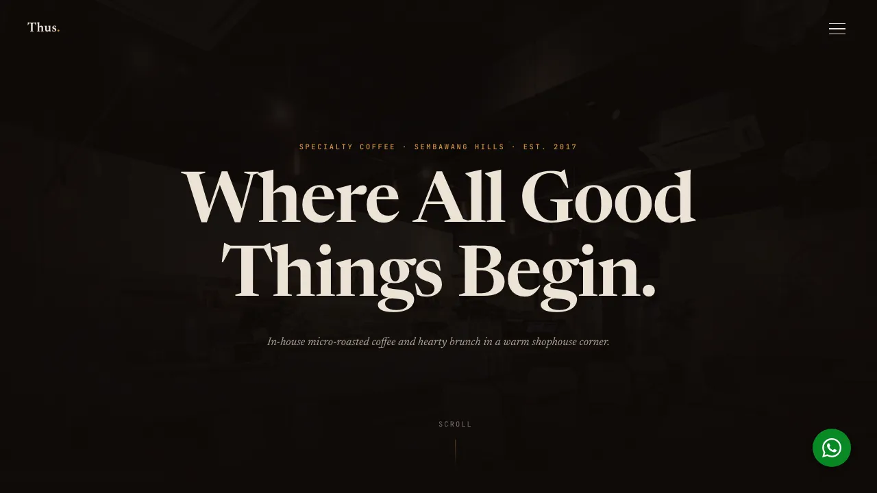 Thus Coffee website — specialty coffee cafe in Sembawang Hills with interactive menu and reservations